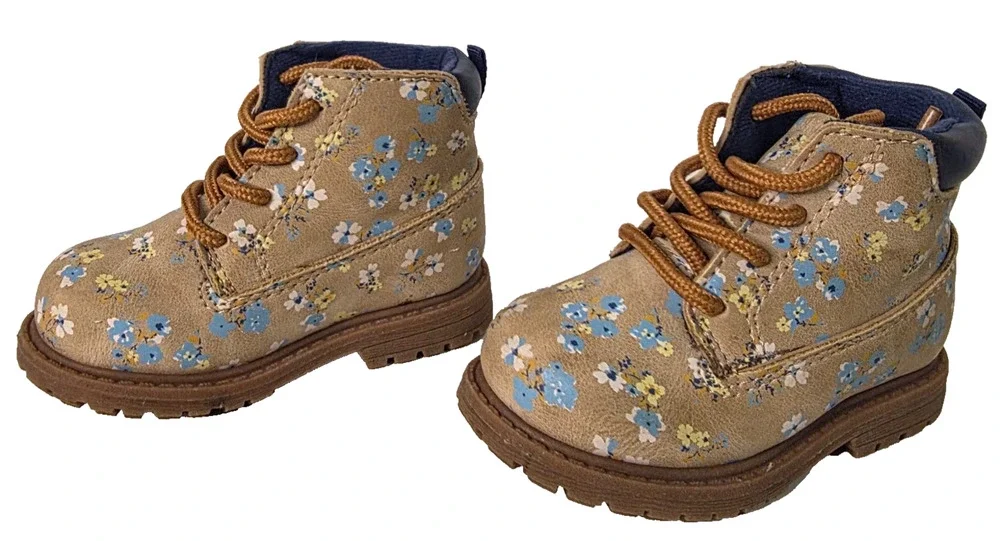 OshKosh B'gosh Toddler Girls 4M Judi Tan Blue Floral Lace Up Ankle Combat Boots